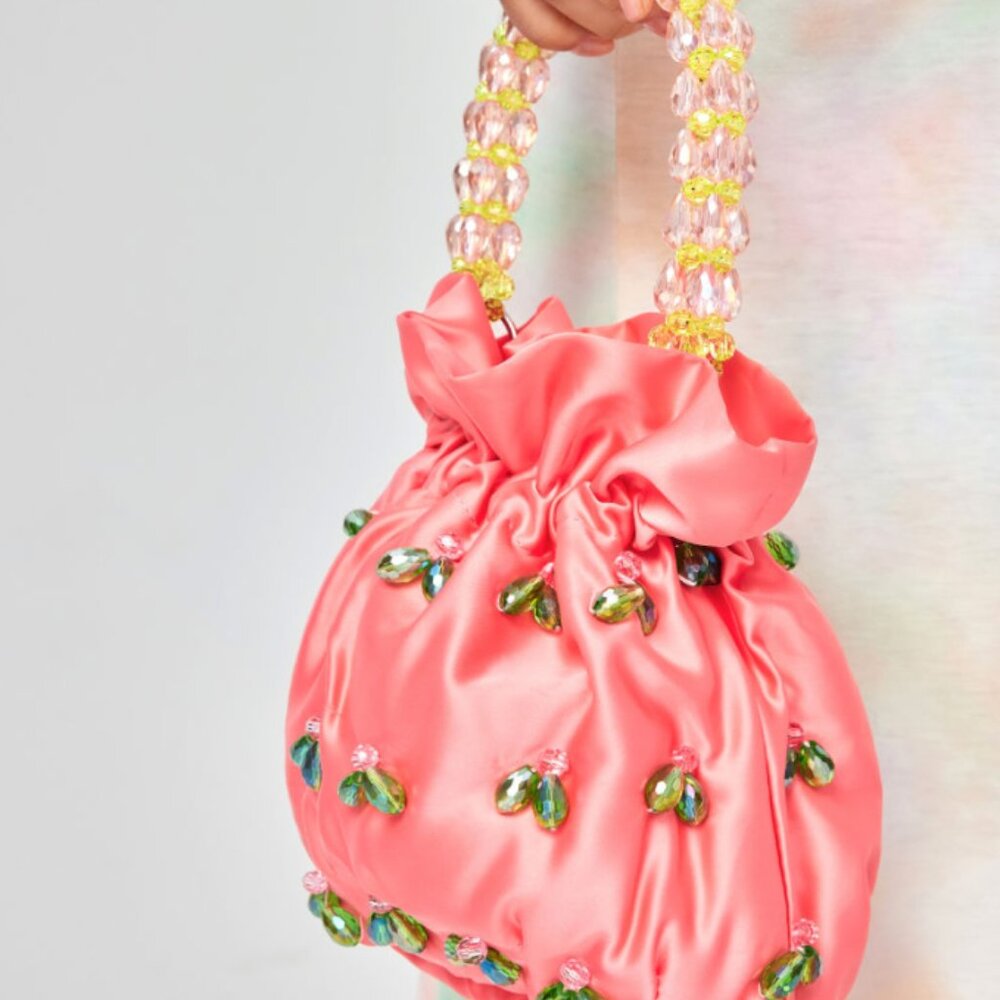 NWT - Akira Satin Beaded Flower Handle Bucket Bag